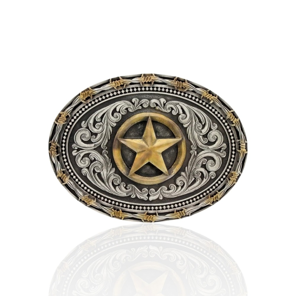 Montana Silversmiths Texas Star Barbed Wire Western Belt Buckle Two-tone New